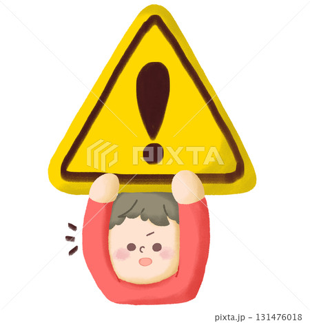 大きな注意マークを掲げている子どものイラスト 131476018