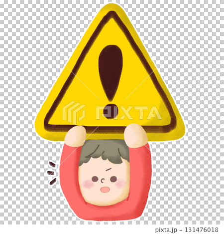 大きな注意マークを掲げている子どものイラスト 131476018