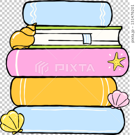 Summer Reading Stack of Books with Summer Beach Theme Hand Drawn 131476201