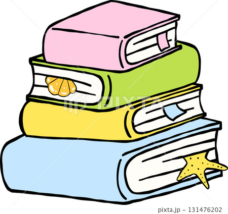 Summer Reading Stack of Pastel Books with Beach Emblems Illustration Hand Drawn Summer Reading Stack of Pastel Books with Beach Emblems Illustration Hand Drawn 131476202