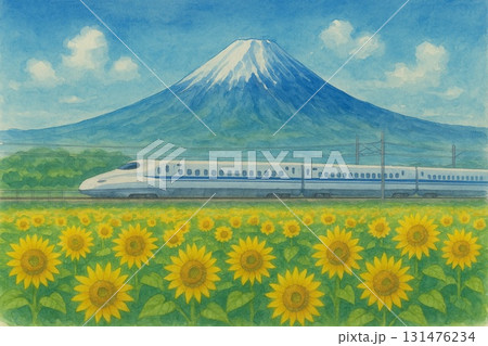 新幹線　富士山　ひまわり畑　水彩画 131476234