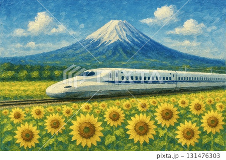 新幹線 富士山 ひまわり畑 油彩画 新幹線 富士山 ひまわり畑 油彩画 131476303