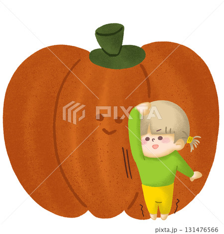大きなカボチャと背比べをしている子どものイラスト 131476566