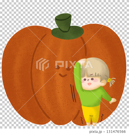 大きなカボチャと背比べをしている子どものイラスト 131476566