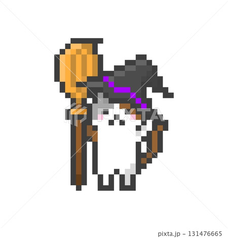 ドット絵の魔女の帽子をかぶったほうきを持つ三毛猫 ドット絵の魔女の帽子をかぶったほうきを持つ三毛猫 131476665