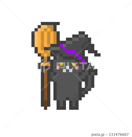 ドット絵の魔女の帽子をかぶったほうきを持つ黒猫 131476667