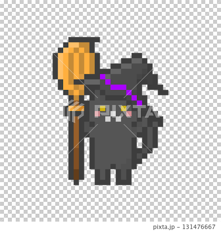 ドット絵の魔女の帽子をかぶったほうきを持つ黒猫 131476667