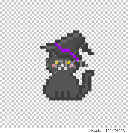 A sitting black cat wearing a pixelated witch's hat A sitting black cat wearing a pixelated witch's hat 131476668