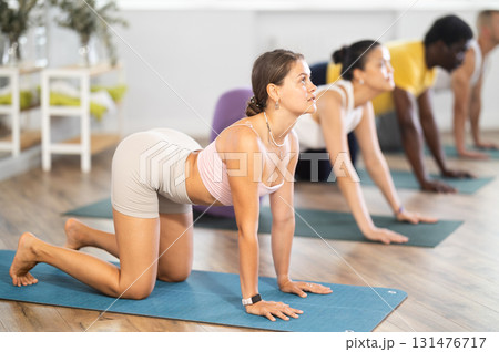 Young woman coach and students perform Marjariasana during training in studio 131476717
