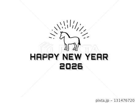 年賀状2026　　ウマのシンプルな年賀状テンプレート　イラスト　午年　素材　アイコン　 131476720