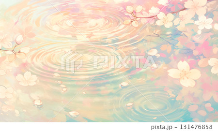 春の水面に映る桜の花の水彩イラスト背景 131476858