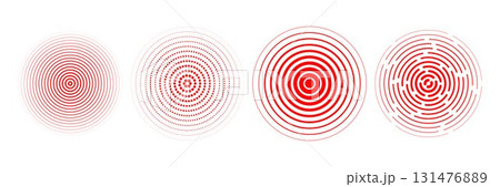 Red radial concentric circle set. Sound wave signal collection. Rippled, dashed and dotted rings for epicenter, target, radar, earthquake shockwave symbols. Vector expansive vibration elements 131476889