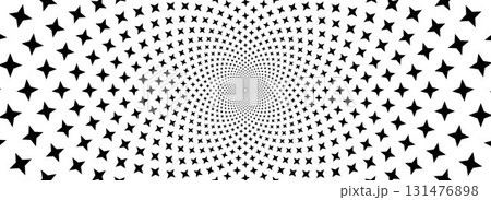 Spinning stars optical illusion background. Black and white hypnotic sparkles surface. Rotating in spiral sparks poster design. Abstract trippy illusion wallpaper for banner, template design. Vector 131476898