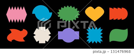 Bright colorful abstract sticker shape collection. Retro pop art border element set. Groovy geometric frame pack for patch, badge, tag, label, banner, poster, sign. Vector various ticket bundle 131476968