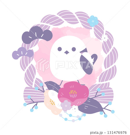 紫のしめ縄とシマエナガ、梅の和風リース（お正月飾り） 131476976