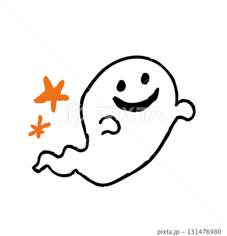手描き風かわいいオバケの白黒イラスト ハロウィン用ゴーストキャラクター素材 131476980