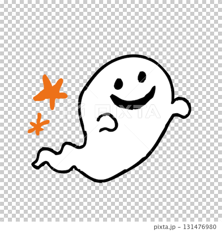 手描き風かわいいオバケの白黒イラスト ハロウィン用ゴーストキャラクター素材 131476980