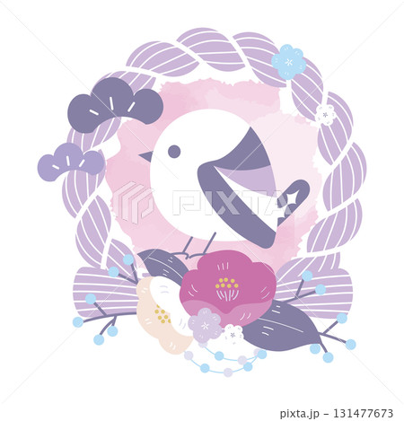 紫のしめ縄と横向きシマエナガ、梅の和風リース（お正月飾り） 131477673