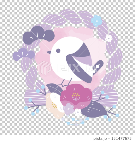 紫のしめ縄と横向きシマエナガ、梅の和風リース（お正月飾り） 131477673