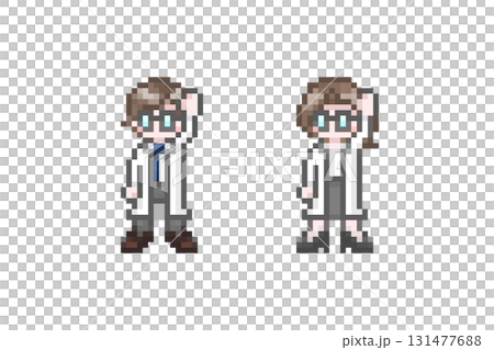 ドット絵の手をあげる白衣を着た男女 131477688
