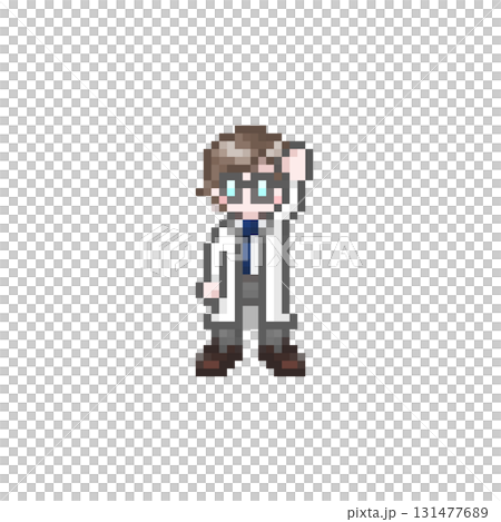 一名身穿白大褂的男子舉起像素化的手 131477689