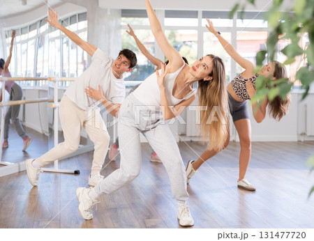 Girl with team of young like-minded people learn to dance modern dances Girl with team of young like-minded people learn to dance modern dances 131477720