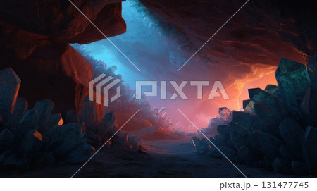 輝く水晶に囲まれた幻想的な洞窟の光景 131477745