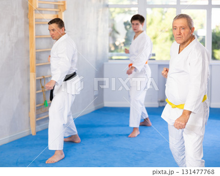 Aged judo fighter practicing punching and blocking techniques during kata with group 131477768