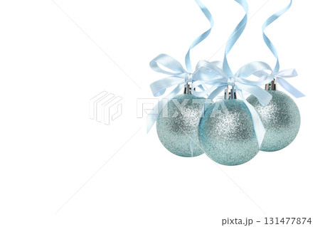 Silver glitter ornaments with blue ribbons, isolated, PNG 131477874