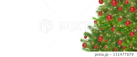 Decorative branch with red ornaments and lights, isolated, PNG 131477879