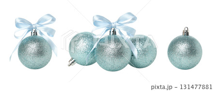 Four blue Christmas ornaments with ribbons, isolated, PNG Four blue Christmas ornaments with ribbons, isolated, PNG 131477881