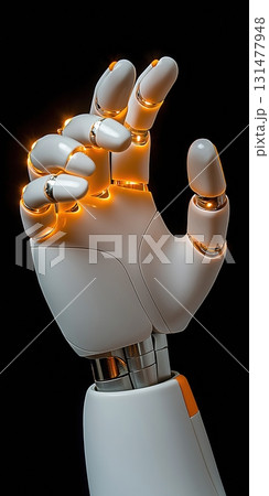 Futuristic white robotic hand with glowing orange joints in a high-tech design, symbolizing AI, robotics, and innovation 131477948