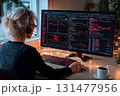 Woman analyzing stock market data on large screen monitor in dark mode at cozy home office with headset and coffee 131477956