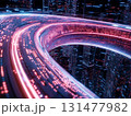 Futuristic digital highway of glowing red and blue light trails swirling through cyber cityscape in a data visualization 131477982