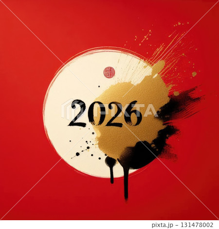 2026 New Year Gold Circle Brush Stroke on Red Background with Ink Splatter with Generative AI. 2026 New Year Gold Circle Brush Stroke on Red Background with Ink Splatter with Generative AI. 131478002