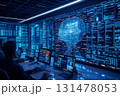 Futuristic AI operations center with coders analyzing massive neural data on immersive digital screens in high-tech room 131478053