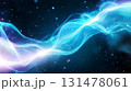 Bright glowing cosmic wave of light energy with blue and white streaks against a starry galaxy background in deep space 131478061