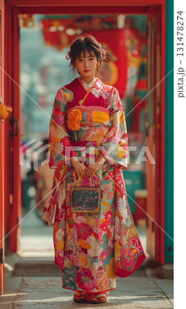 赤い振袖を纏う華やかな女性 131478274