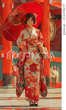 和傘を差した振袖姿の女性 131478277