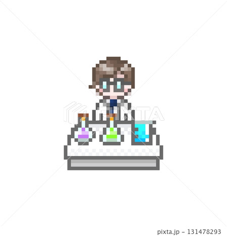 ドット絵の机で実験をする白衣を着た男性 131478293
