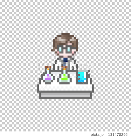 ドット絵の机で実験をする白衣を着た男性 131478293