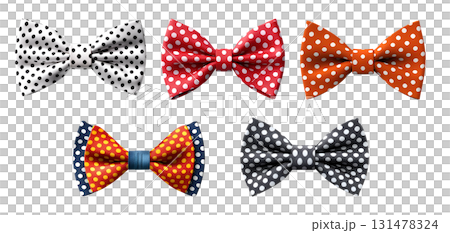 Bow ties bow ties of polka dots dotted pattern. Many assorted different range of colours isolated on transparent background cutout. PNG file. Mockup template for artwork graphic 131478324