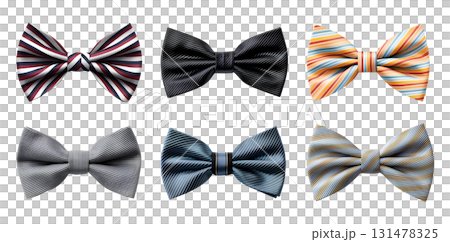 Bow ties bow ties of stripe pattern. Many assorted different range of colours isolated on transparent background cutout. PNG file. Mockup template 131478325
