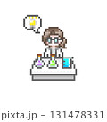 ドット絵の机で実験中にひらめく白衣を着た女性 131478331