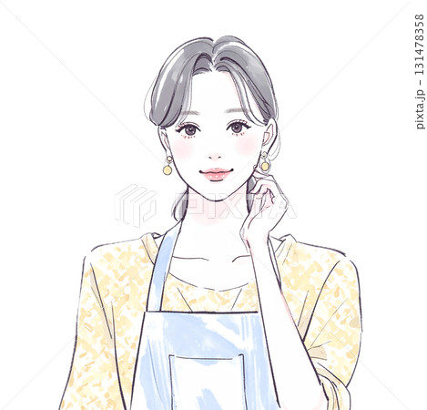 水彩画・手描き風のエプロンを着た女性・女の子のイラスト素材 131478358