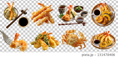 Set of tempura, Traditional Japanese crispy batter deep-fried seafood vegetable, on fork chopsticks basket plate, platter bento, many variety, transparent cutout PNG. Mockup template 131478406