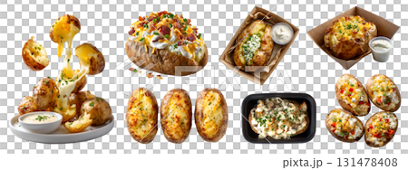 Set of jacket baked skinned potato potatoes, filled with cheese butter cream topping garnish, sliced halved broken, takeaway paper plastic box, transparent cutout PNG. Many different style. Mockup Set of jacket baked skinned potato potatoes, filled with cheese butter cream topping garnish, sliced halved broken, takeaway paper plastic box, transparent cutout PNG. Many different style. Mockup 131478408