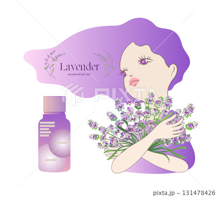 ラベンダーの花を両手で抱えているイラストと精油成分表 ラベンダーの花を両手で抱えているイラストと精油成分表 131478426