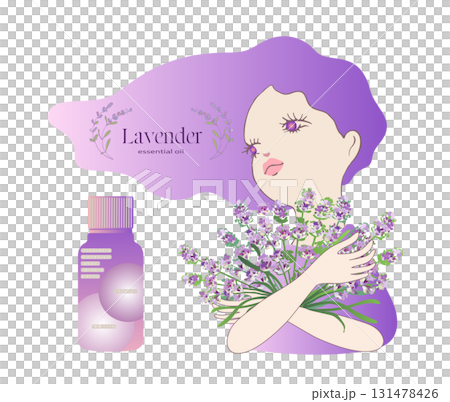 ラベンダーの花を両手で抱えているイラストと精油成分表 ラベンダーの花を両手で抱えているイラストと精油成分表 131478426
