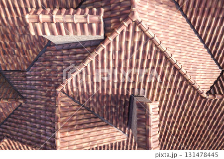 Top aerial view of building complex shingle roof construction. Abstract background. 131478445